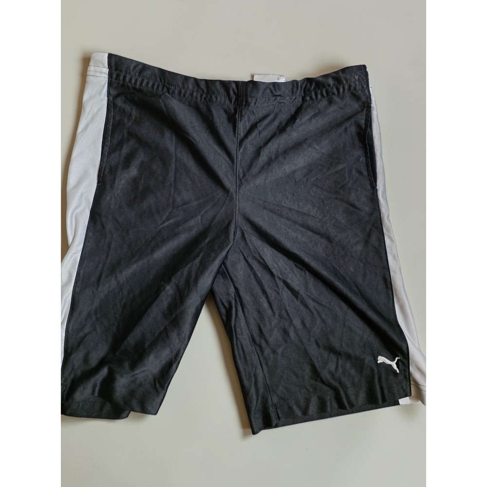 Puma Boys Large Black White Striped Athletic Shorts Embroidered Logo Activewear